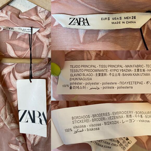 Zara Sheer Embroidered Pink Midi Dress size Small - Picture 5 of 6